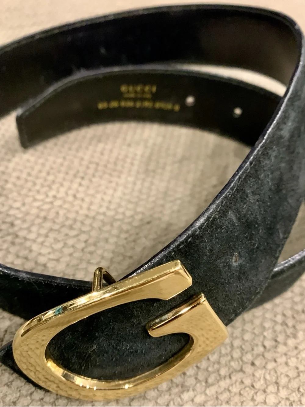Gucci Black Suede Belt with Gold 'G' Buckle Accent. S30